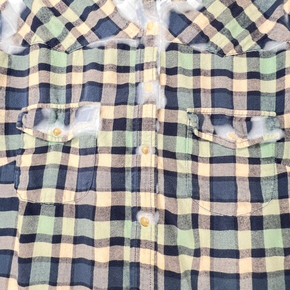 Bea Jachs Girlfriend Blue Gray Plaid Flannel Shirt Pearl Snap Buttons Western XL - Picture 3 of 13